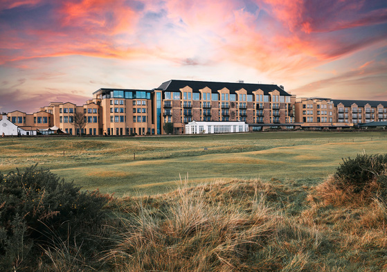 Hotel exterior with golf course in foreground