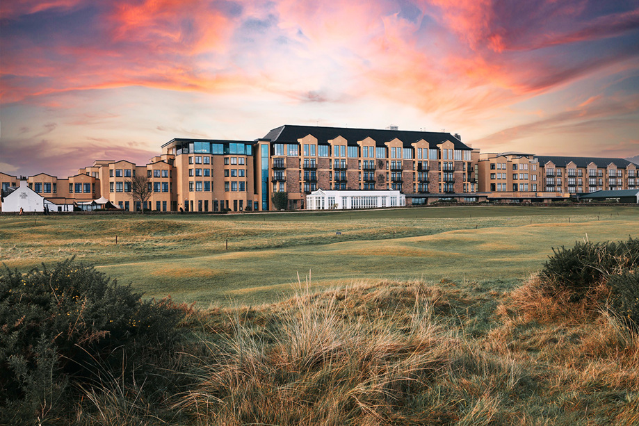 Hotel exterior with golf course in foreground